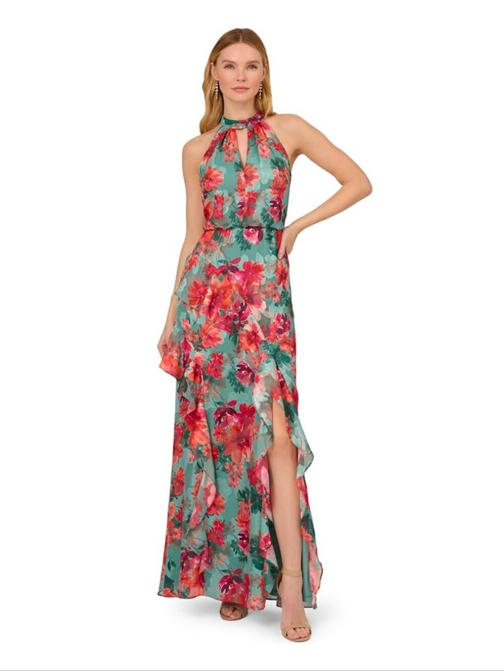 Adrianna Papell Floral Halter Maxi Dress in Teal and Coral